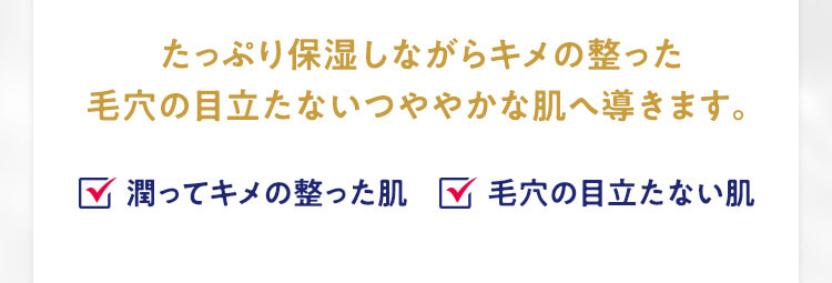 たっぷり保湿しながらキメの整った毛穴の目立たないつややかな肌へ導きます。