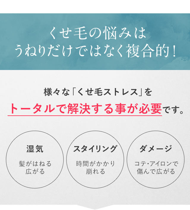 くせ毛の悩みはうねりだけではなく複合的！様々な「くせ毛ストレス」を トータルで解決する事が必要です。