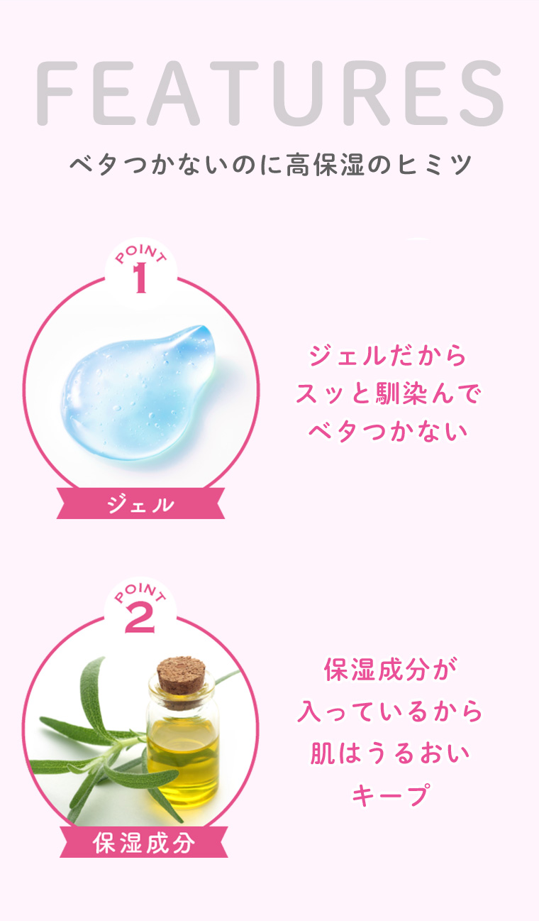 FEATURES ベタつかないのに高保湿のヒミツ POINT1 ジェル ジェルだからスッと馴染んでベタつかない POINT2 保湿成分 保湿成分が入っているから肌はうるおいキープ