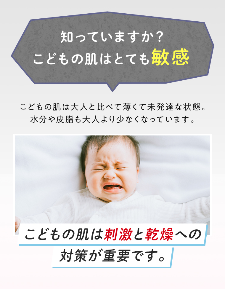 知っていますか？こどもの肌はとても敏感 こどもの肌は刺激と乾燥への 対策が重要です。