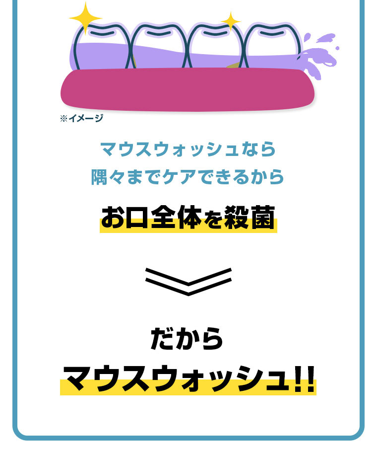 マウスウォッシュなら隅々までケアできるからお口全体を殺菌 だからマウスウォッシュ!!
