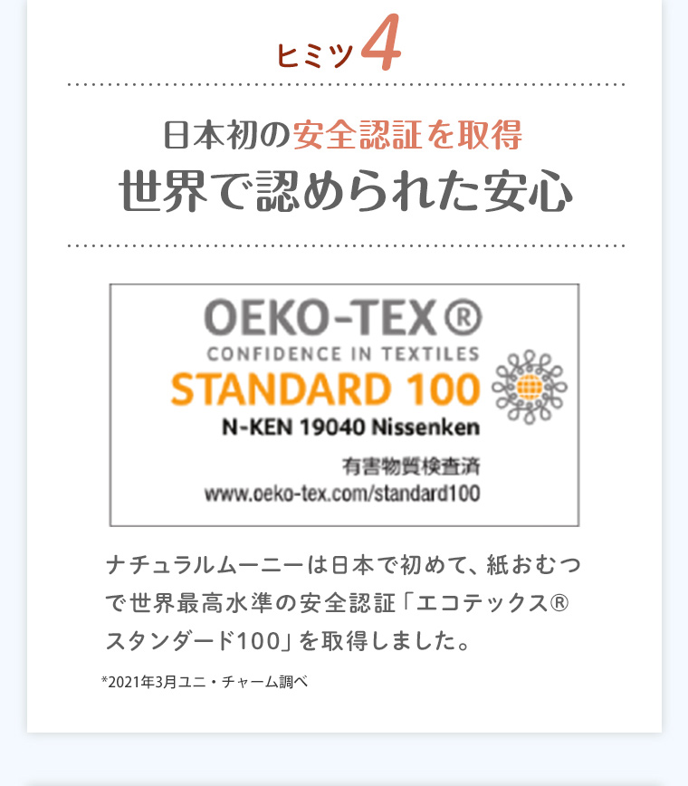 ヒミツ4 日本初の安全認証を取得 世界で認められた安心 ナチュラルムーニーは日本で初めて、紙おむつで世界最高水準の安全認証「エコテックス(R)スタンダード100」を取得しました。 ※2021年3月ユニ・チャーム調べ