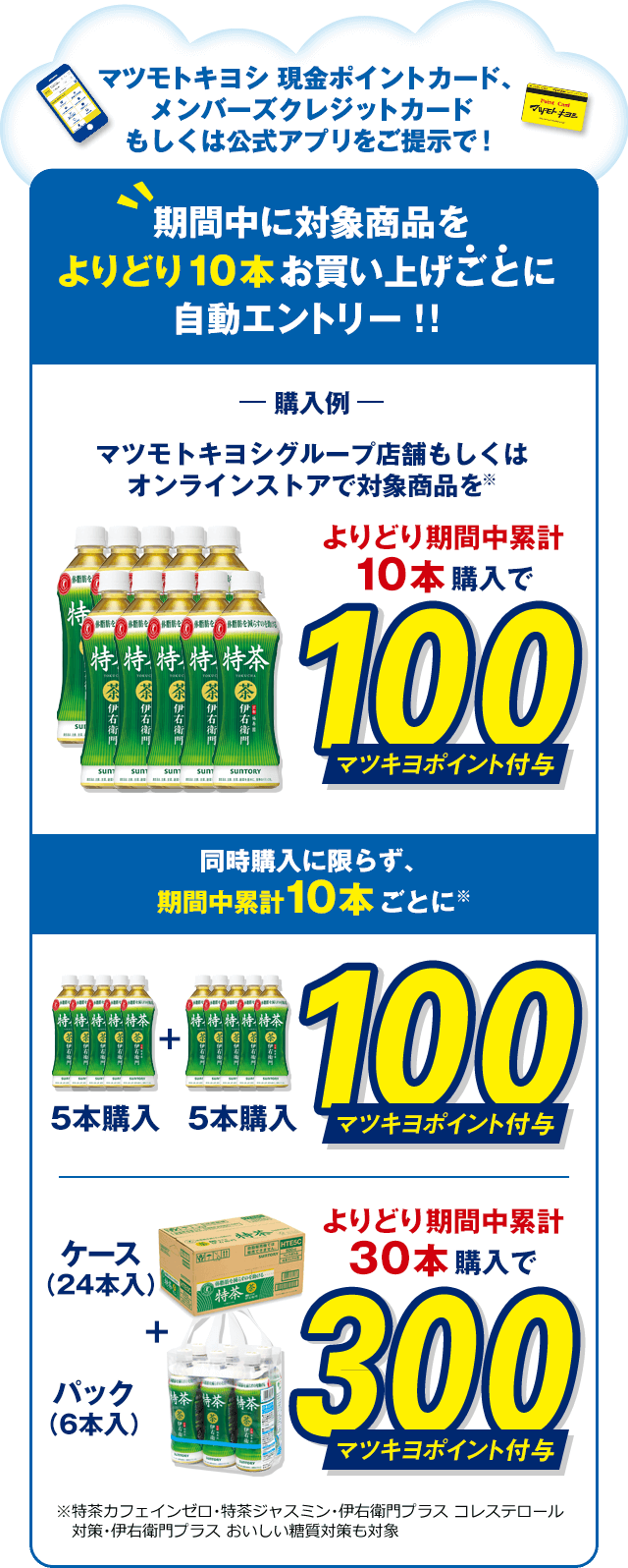 マツモトキヨシ 現金ポイントカード、メンバーズクレジットカードもしくは公式アプリをご提示で！期間中に対象商品をよりどり10本お買い上げごとに自動エントリー！！マツモトキヨシグループ店舗もしくはオンラインストアで対象商品をよりどり期間中累計10本購入で100マツキヨポイント付与 同時購入に限らず、期間中累計10本ごとに100マツキヨポイント付与 よりどり期間中累計30本購入で300マツキヨポイント付与