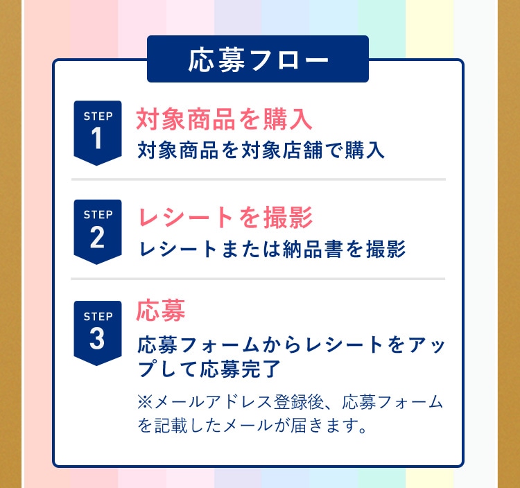 【応募フロー】 （1）対象商品を購入：対象商品を対象店舗で購入 （2）レシートを撮影：レシートまたは納品書を撮影 （3）応募：応募フォームからレシートをアップして応募完了 ※※メールアドレス登録後、応募フォームを記載したメールが届きます。