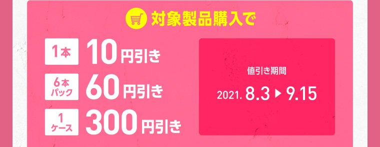 対象製品購入で1本10円引き/6本パック60円引き/1ケース300円引き 値引き期間　2021.8.3-9.15