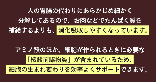 アミノ酸のほか、細胞が作られるときに必要な「核酸前駆物質」が含まれているため、細胞の生まれ変わりを効率よくサポートできます。
