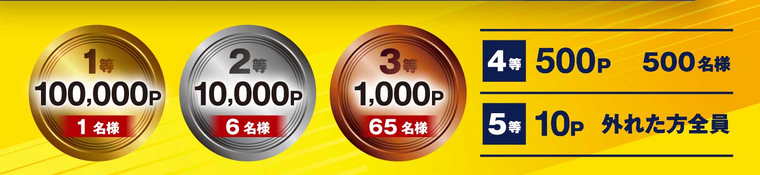 1等：100,000P 1名様 2等：10,000P 6名様 3等：1,000P 65名様 4等：500P 500名様 5等：10P 外れた方全員
