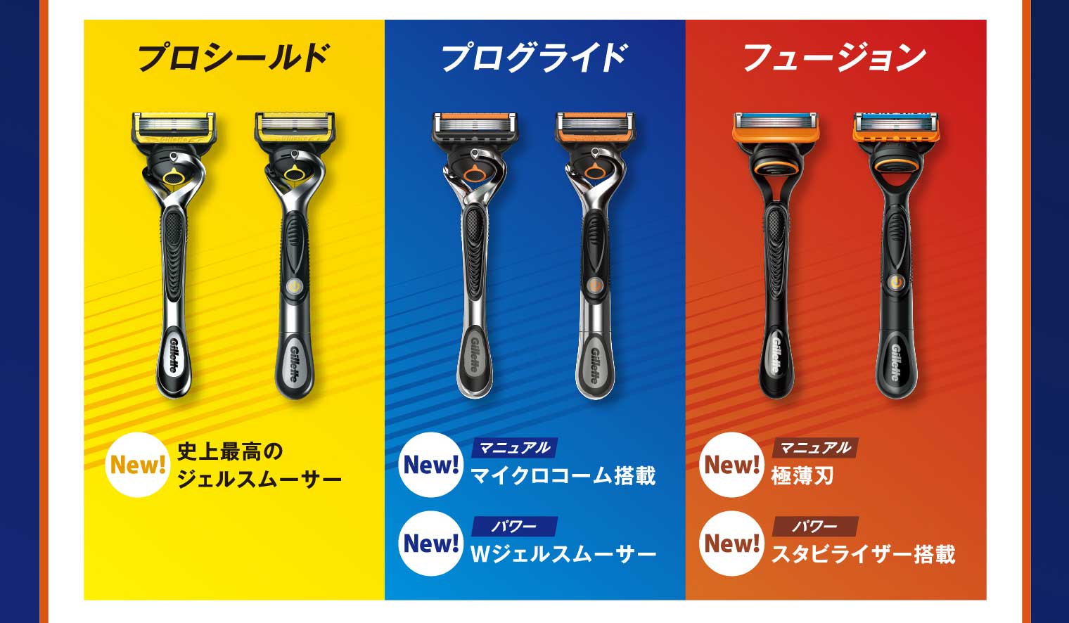 プロシールド：史上最高のジェルスムーサー プログライド：マニュアル マイクロコーム搭載 パワー Wジェルスムーサー フュージョン：マニュアル 極薄刃 パワー スタビライザー搭載