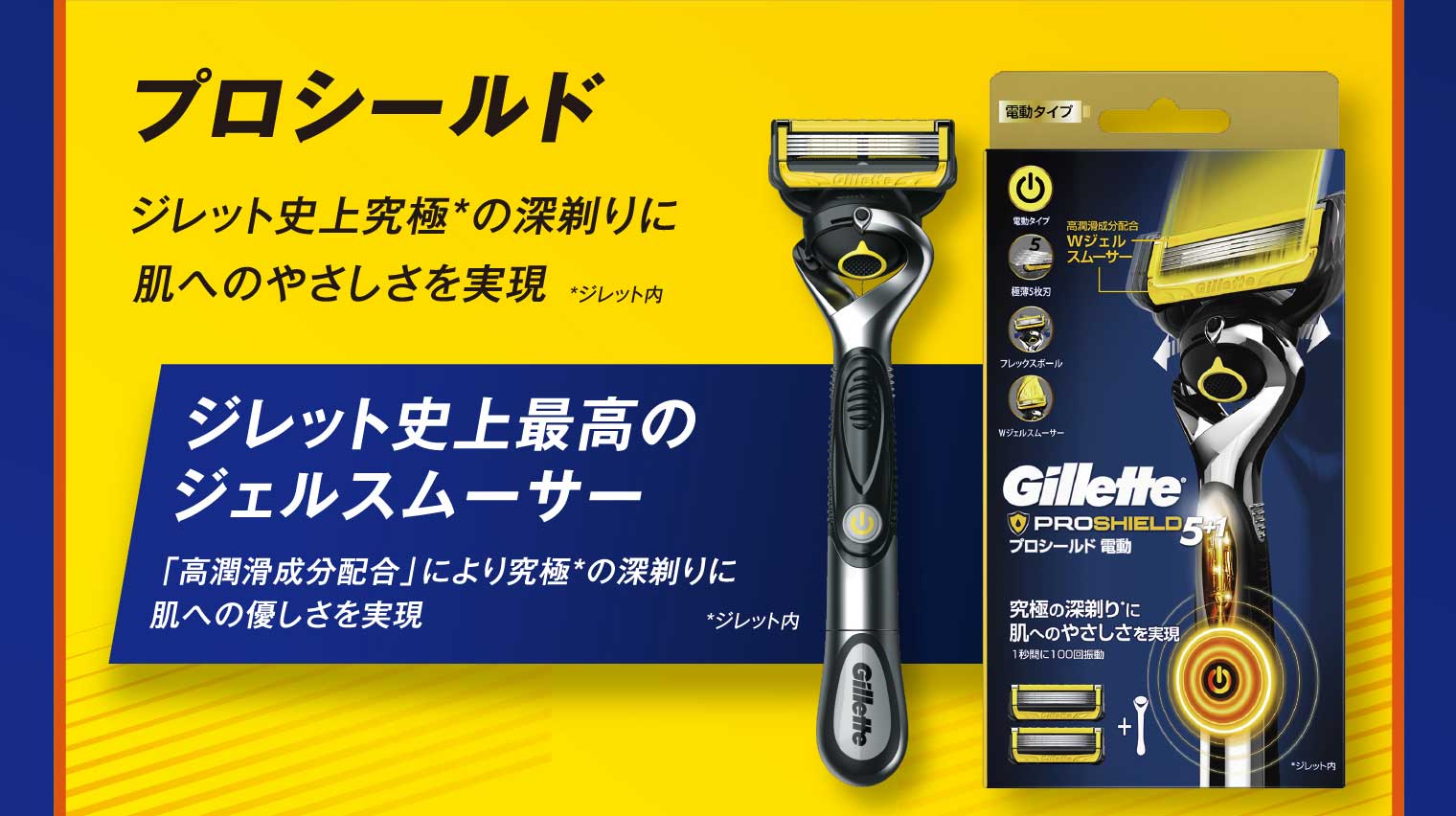 プロシールド ジレット史上究極*の深剃りに肌へのやさしさを実現 *ジレット内 ジレット史上最高のジェルスムーサー 「高潤滑成分配合」により究極*の深剃りに肌への優しさを実現 *ジレット内