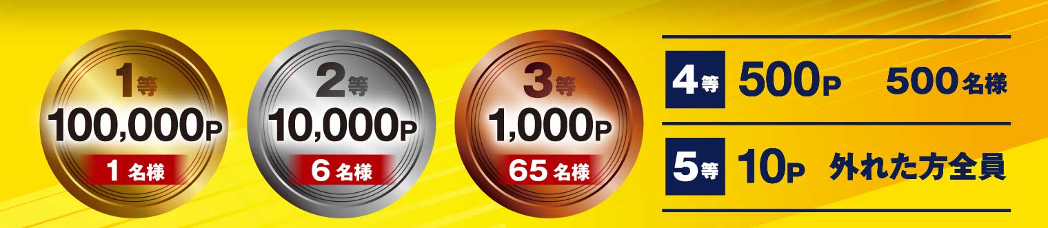 1等：100,000P 1名様 2等：10,000P 6名様 3等：1,000P 65名様 4等：500P 500名様 5等：10P 外れた方全員