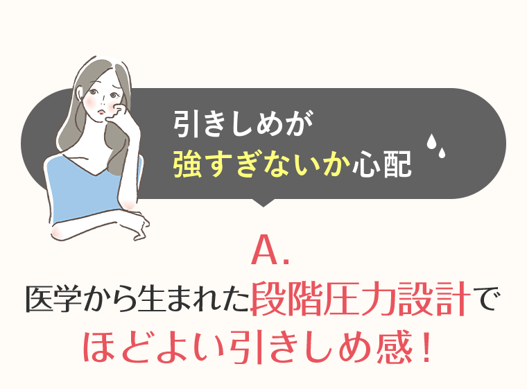 引きしめが強すぎないか心配 A.医学から生まれた段階圧力設計でほどよい引きしめ感！