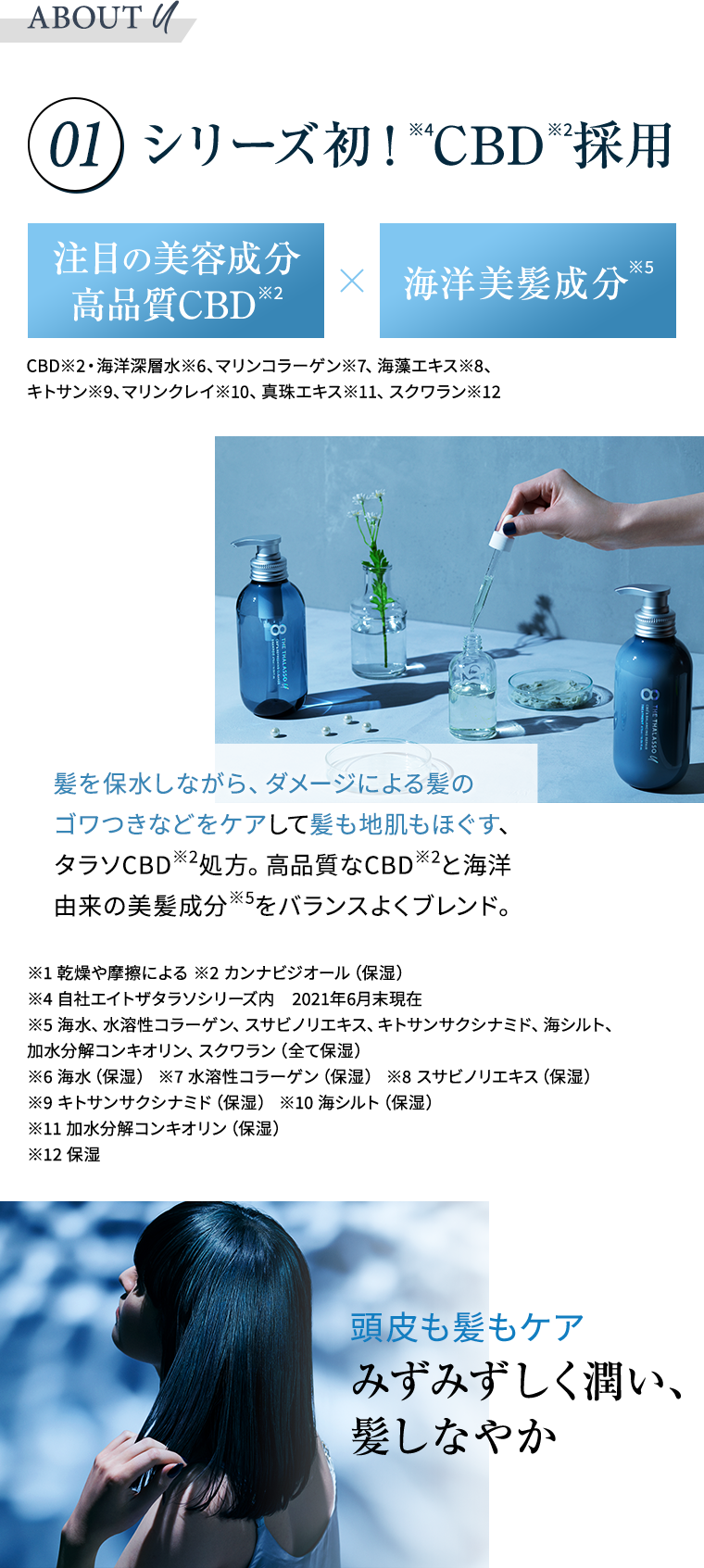 ①シリーズ初！※4CBD※2処方　注目の美容成分高品質CBD※2×海洋美髪成分※5　CBD※2・海洋深層水※6、マリンコラーゲン※7、海藻エキス※8、キトサン※9、マリンクレイ※10、真珠エキス※11、スクワラン※12　髪を保水しながら、ダメージによる髪のゴワつきなどをケアして髪も地肌もほぐす、タラソCBD※2処方。高品質なCBD※2と海洋由来の美髪成分※5をバランスよくブレンド。※1 乾燥や摩擦による ※2 カンナビジオール（保湿）　※4 自社エイトザタラソシリーズ内　2021年6月末現在  ※5 海水、水溶性コラーゲン、スサビノリエキス、キトサンサクシナミド、海シルト、加水分解コンキオリン、スクワラン（全て保湿）　※6 海水（保湿） ※7 水溶性コラーゲン（保湿） ※8 スサビノリエキス（保湿） 　※9 キトサンサクシナミド（保湿） ※10 海シルト（保湿）※11 加水分解コンキオリン（保湿）※12 保湿　頭皮も髪もケア　みずみずしく潤い、髪しなやか