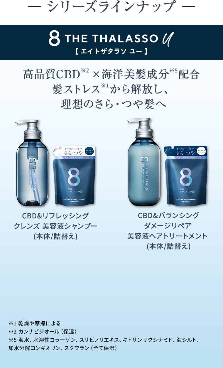 シリーズラインナップ　8 THE THALASSO U 高品質CBD※2 ×海洋美髪成分※5配合 髪ストレス※1から解放し、理想のさら・つや髪へ CBD&リフレッシングクレンズ 美容液シャンプー(本体/詰替え)CBD&バランシングダメージリぺア 美容液ヘアトリートメント (本体/詰替え)※1 乾燥や摩擦による ※2 カンナビジオール（保湿）※5 海水、水溶性コラーゲン、スサビノリエキス、キトサンサクシナミド、海シルト、加水分解コンキオリン、スクワラン（全て保湿）