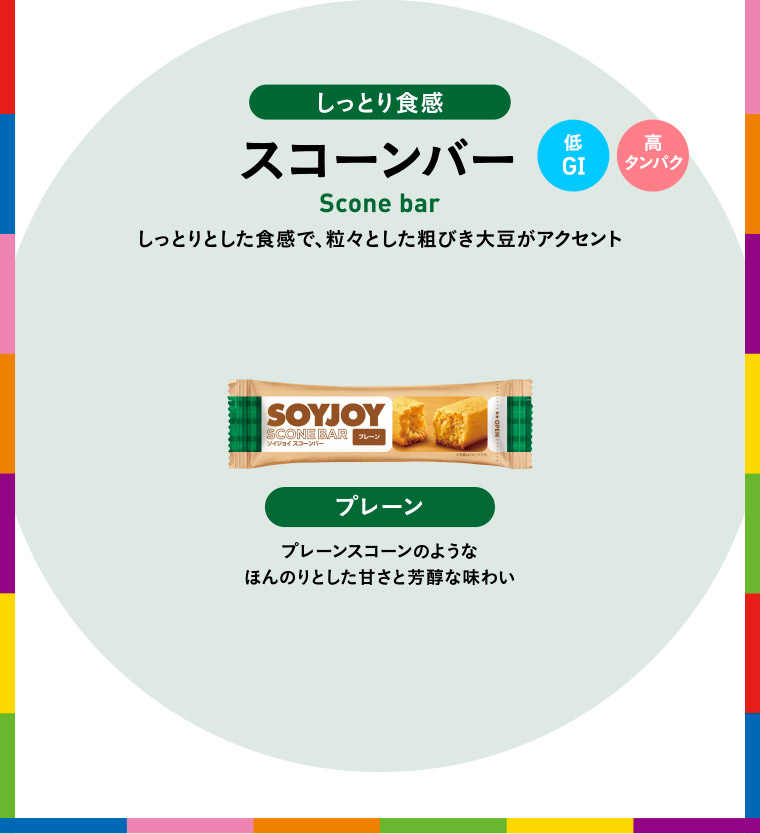 しっとり食感 スコーンバー／低GI・高タンパク／しっとりとした食感で、粒々とした粗びき大豆がアクセント。プレーン