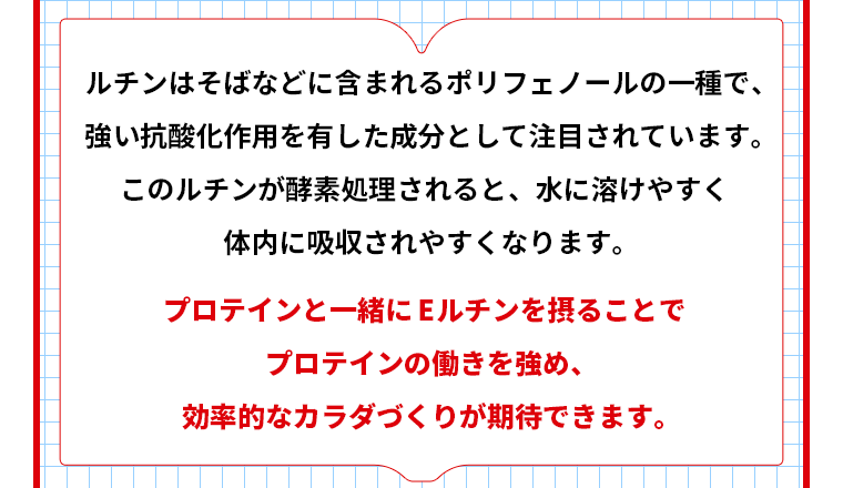 プロテインと一緒にEルチンを摂ることでプロテインの働きを強め、効率的なカラダづくりが期待できます。