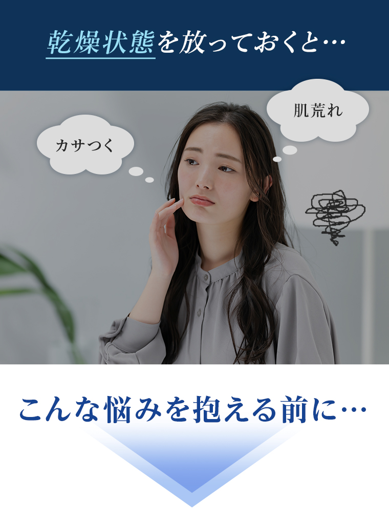 乾燥状態を放っておくと…カサつく…肌荒れ…こんな悩みを抱える前に…
