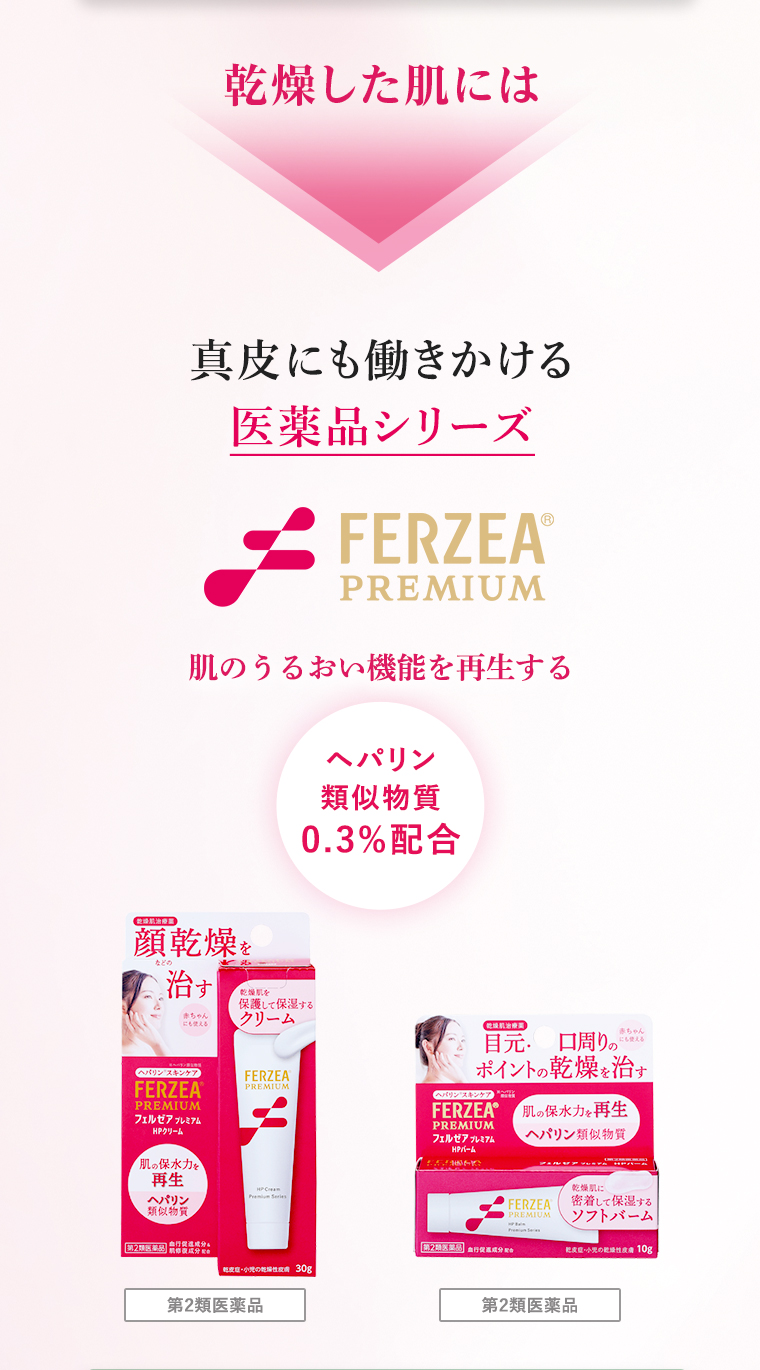 乾燥した肌には、真皮にも働きかける医薬品シリーズ、フェルゼアプレミアム。肌のうるおい機能を再生する、ヘパリン類似物質0.3%配合