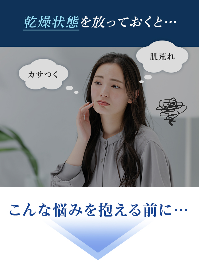 乾燥状態を放っておくと…カサつく…肌荒れ…こんな悩みを抱える前に…