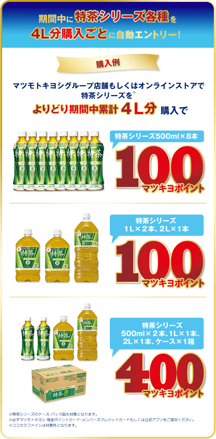 期間中に特茶シリーズ各種を4L分購入ごとに自動エントリー！