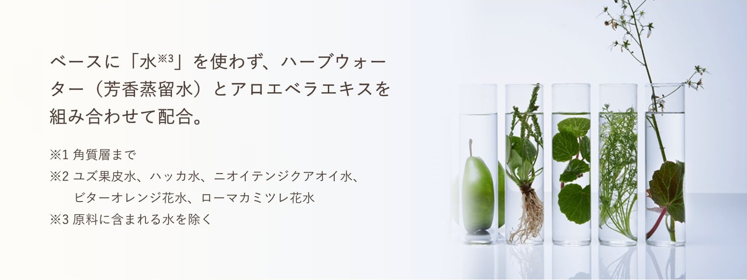 ベースに「水※3」を使わず、ハーブウォーター（芳香蒸留水）とアロエベラエキスを組み合わせて配合。※1 角質層まで　※2 ユズ果皮水、ハッカ水、ニオイテンジクアオイ水、ビターオレンジ花水、ローマカミツレ花水　※3 原料に含まれる水を除く