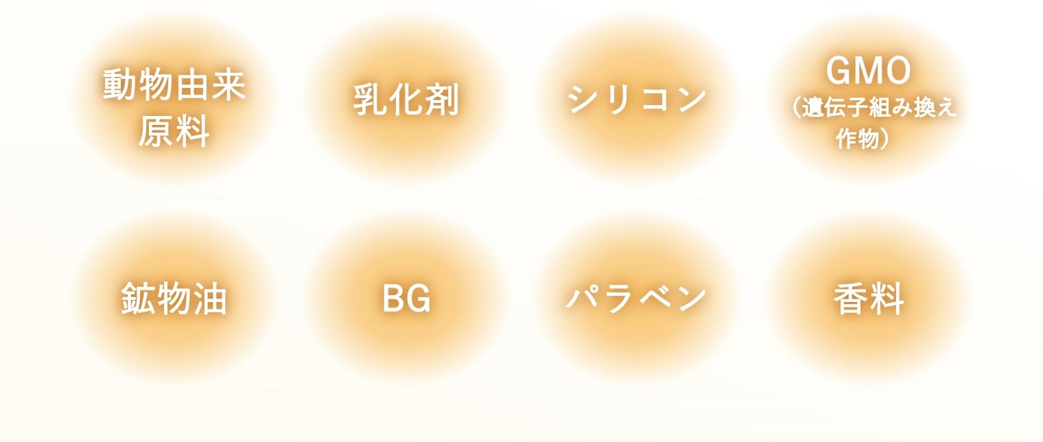 動物由来原料・乳化剤・シリコン・GMO（遺伝子組み換え作物）・鉱物油・BG・パラベン・香料