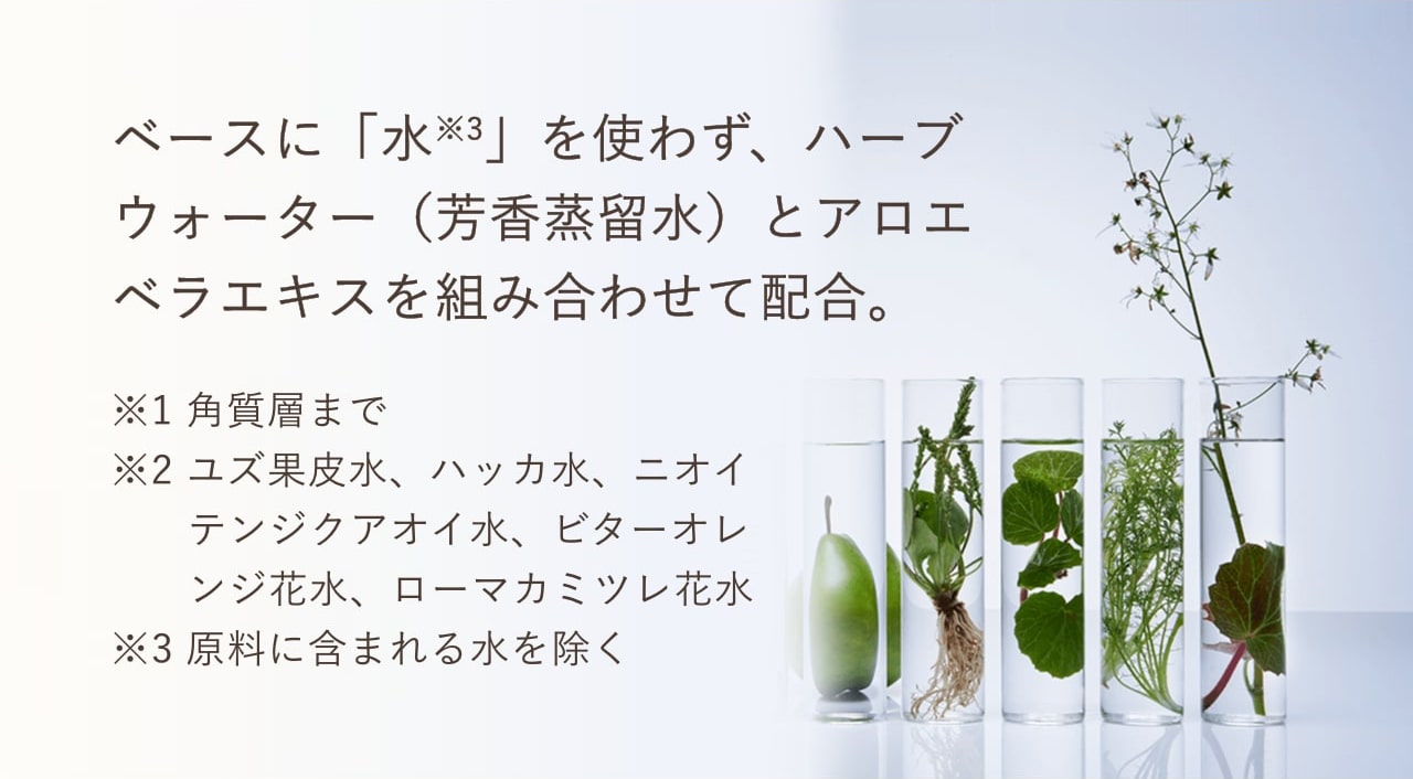 ベースに「水※3」を使わず、ハーブウォーター（芳香蒸留水）とアロエベラエキスを組み合わせて配合。※1 角質層まで　※2 ユズ果皮水、ハッカ水、ニオイテンジクアオイ水、ビターオレンジ花水、ローマカミツレ花水　※3 原料に含まれる水を除く