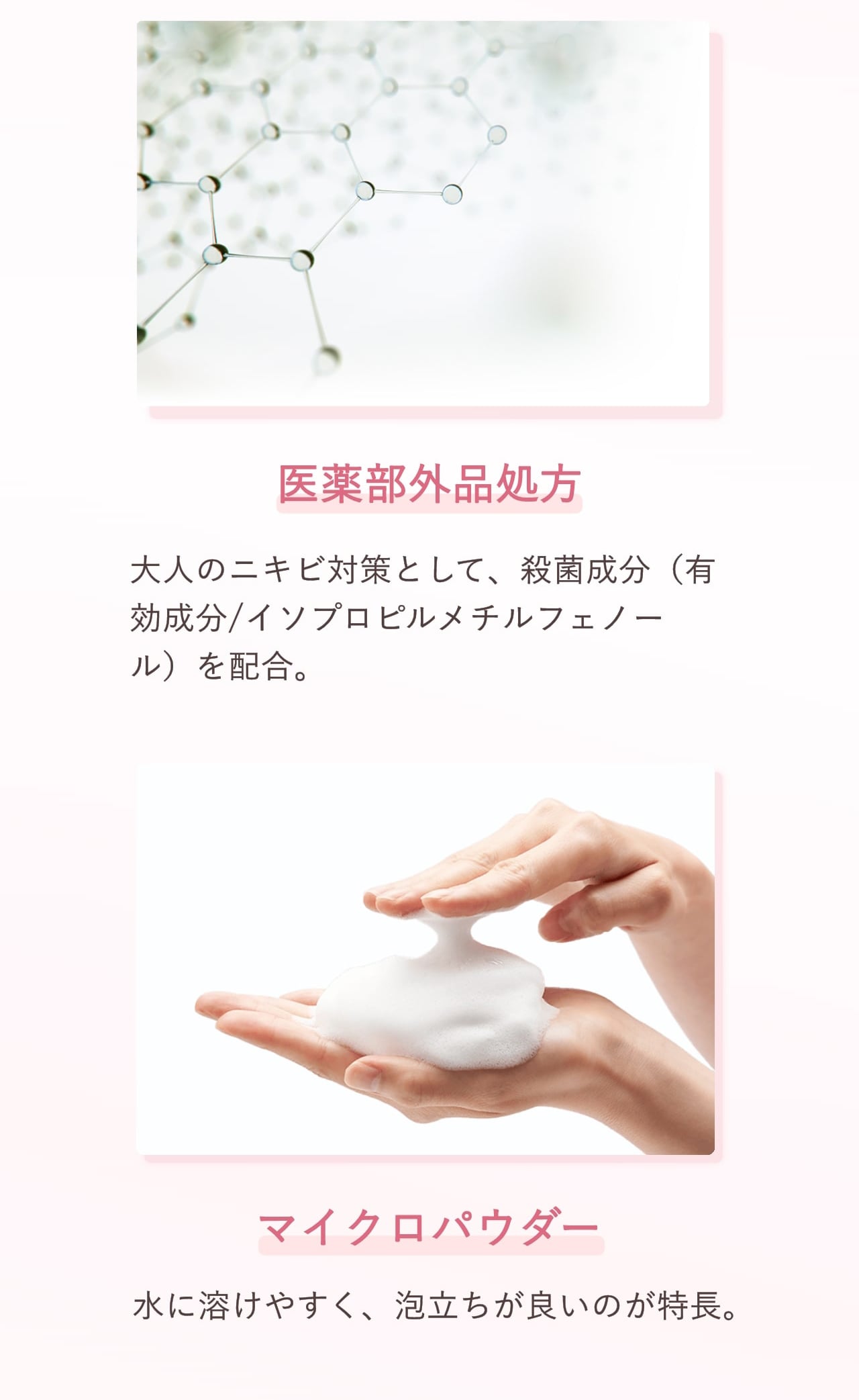 ・医薬部外品処方　大人のニキビ対策として、殺菌成分（有効成分/イソプロピルメチルフェノール）を配合。・マイクロパウダー　水に溶けやすく、泡立ちが良いのが特長。