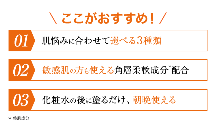 ここがおすすめ！ 01.肌悩みに合わせて選べる３種類 02.敏感肌の方も使える角層柔軟成分配合 03.化粧水の後に塗るだけ、朝晩使える