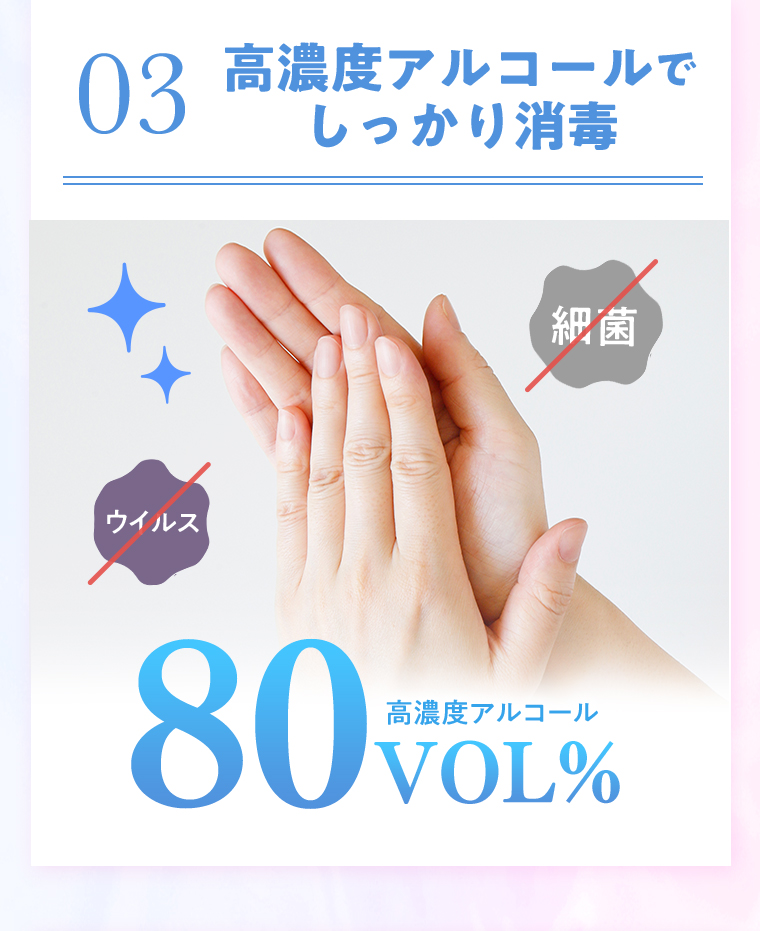 03 高濃度アルコールでしっかり消毒 ウイルス 細菌 高濃度アルコール80VOL%