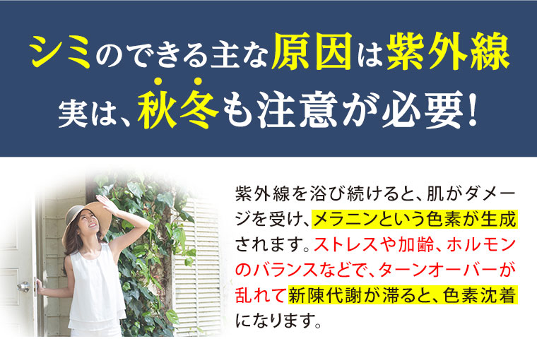 シミのできる主な原因は紫外線実は、秋冬も注意が必要！