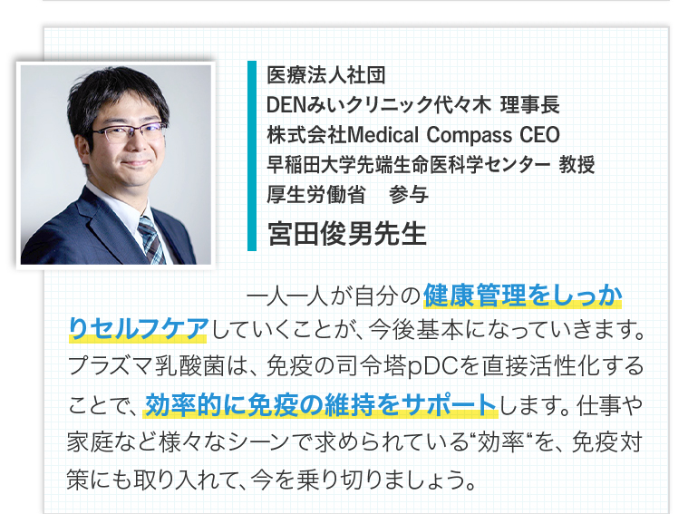 医療法人社団DENみいクリニック代々木：理事長　株式会社Medical Compass：CEO　早稲田大学先端生命医科学センター：教授　厚生労働省：参与　宮田俊男先生　一人一人が自分の健康管理をしっかりセルフケアしていくことが、今後基本になっていきます。プラズマ乳酸菌は、免疫の司令塔pDCを直接活性化することで、効率的に免疫の維持をサポートします。仕事や家庭など様々なシーンで求められている“効率“を、免疫対策にも取り入れて、今を乗り切りましょう。