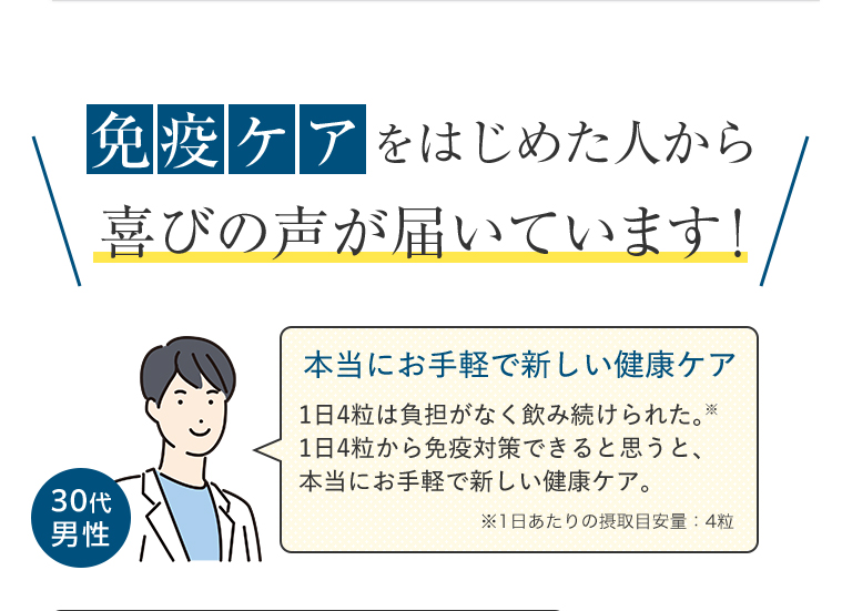 ＼免疫ケアをはじめた人から喜びの声が届いています！／　【本当にお手軽で新しい健康ケア】1日4粒は負担がなく飲み続けられた。※1日4粒から免疫対策できると思うと、本当にお手軽で新しい健康ケア。（30代男性）