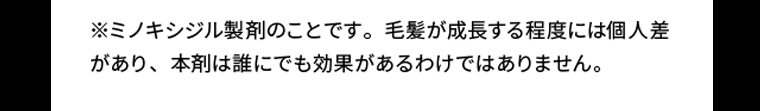 ※ミノキシジル製剤のことです。毛髪が成長する程度には個人差があり、本剤は誰にでも効果があるわけではありません。