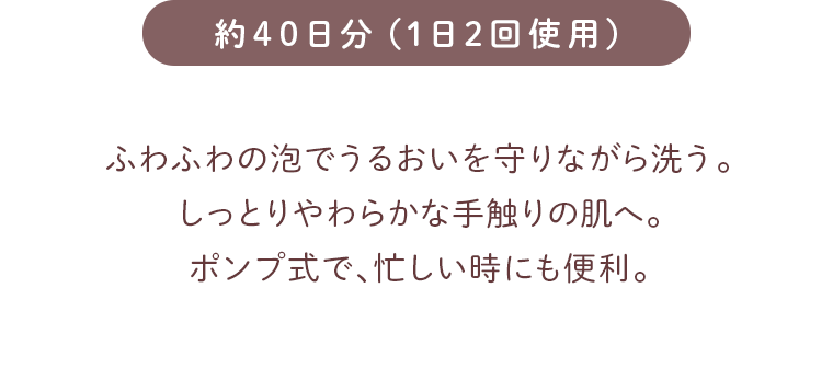 ふわふわの泡でうるおいを守りながら洗う。しっとりやわらかな手触りの肌へ。ポンプ式で、忙しい時にも便利。