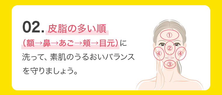 02. 皮脂の多い順（額→鼻→あご→頬→目元）に洗って、素肌のうるおいバランスを守りましょう。