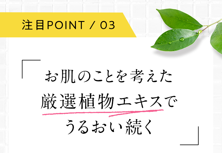 注目POINT 03 お肌のことを考えた厳選植物エキスでうるおい続く