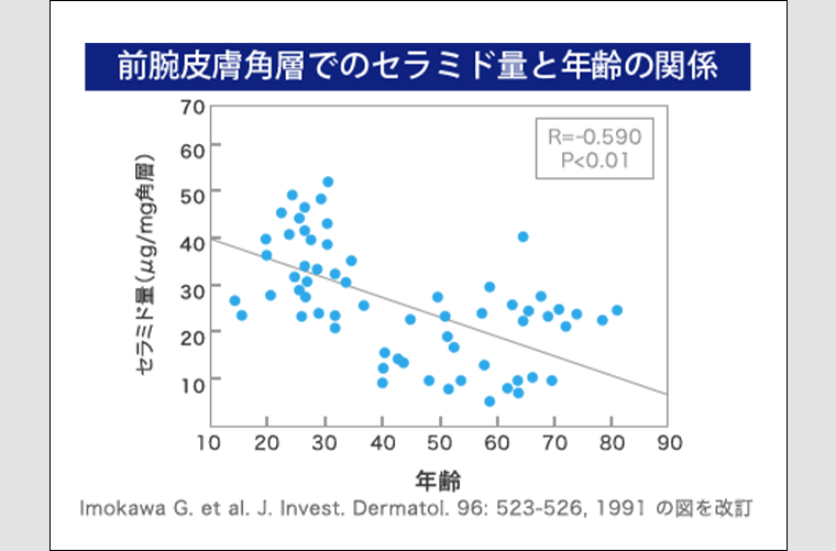 前腕皮膚角層でのセラミド量と年齢の関係