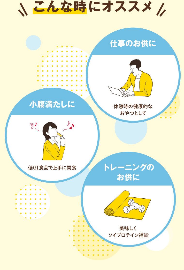 こんな時にオススメ／仕事のお供に：休憩時の健康的なおやつとして　小腹満たしに：低GI食品で上手に間食　トレーニングのお供に：美味しくソイプロテイン補給