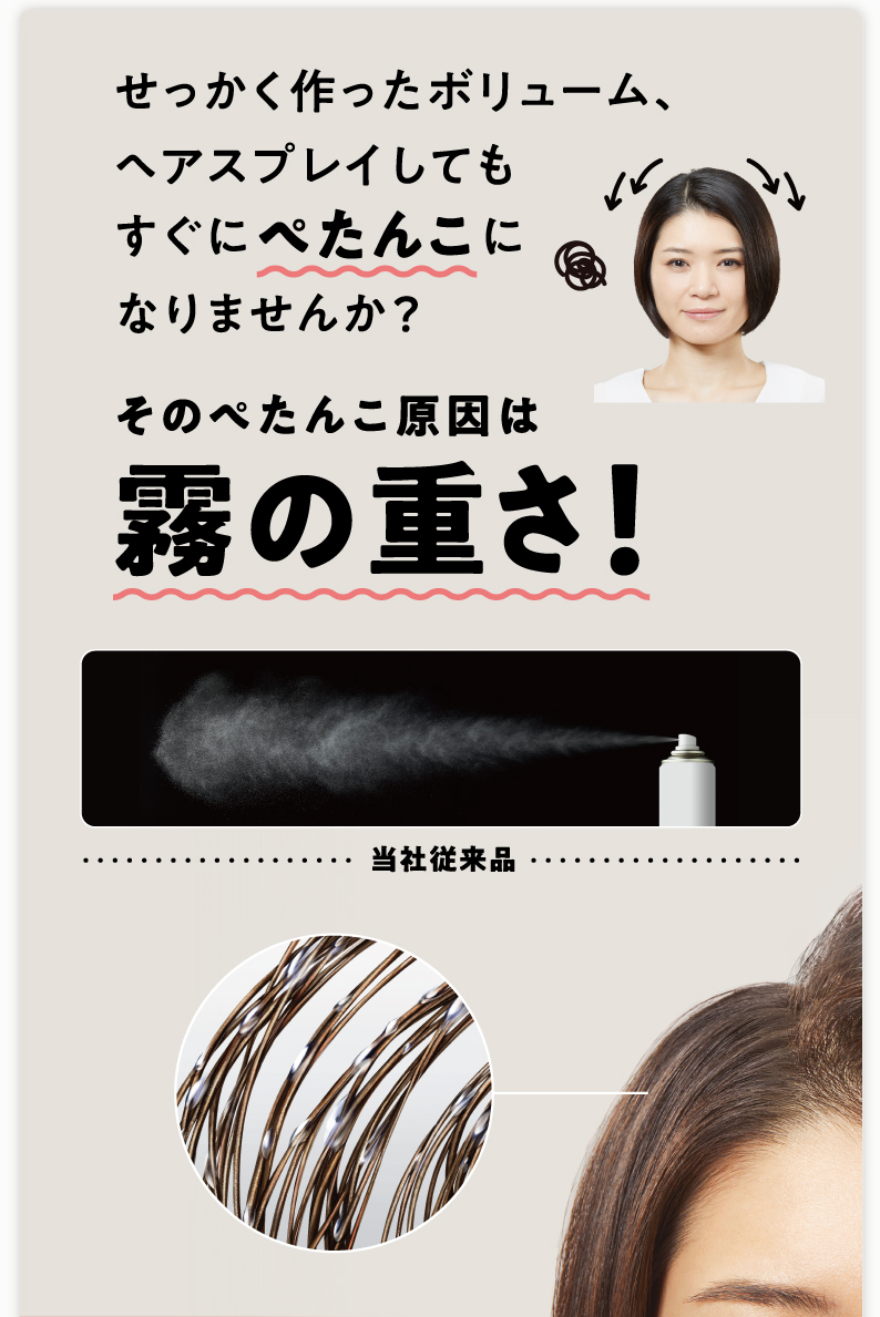 せっかく作ったボリューム、ヘアスプレイしてもすぐにぺたんこになりませんか？そのぺたんこ原因は霧の重さ！