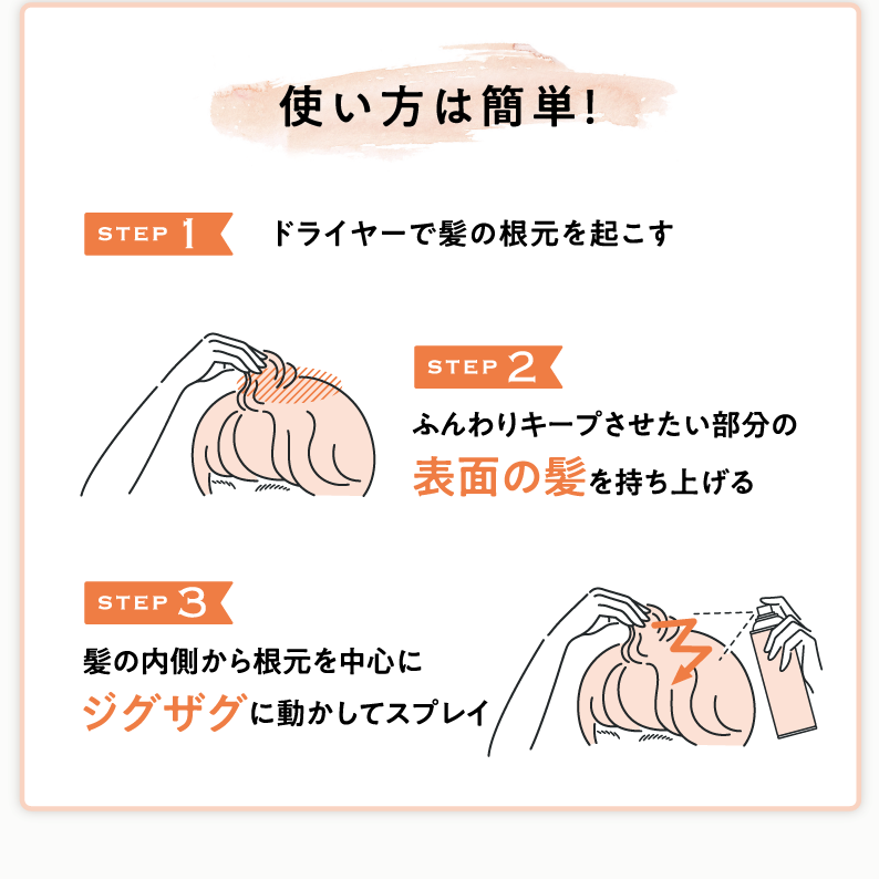 使い方は簡単！STEP１ドライヤーで髪の根元を起こす STEP２ふんわりキープさせたい部分の表面の髪を持ち上げる STEP３髪の内側から根元を中心にジグザグに動かしてスプレイ