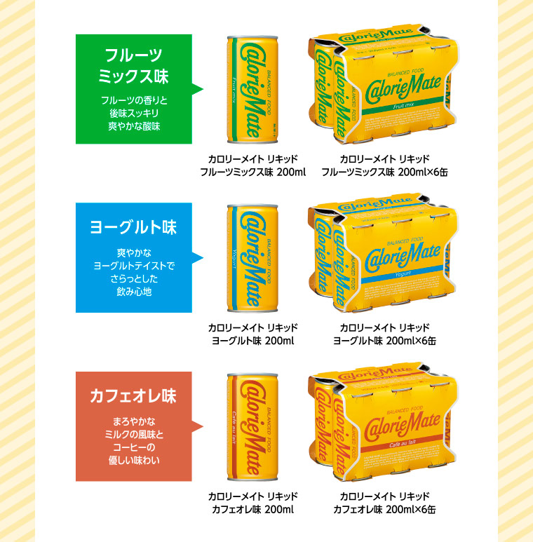 フルーツミックス味 フルーツの香りと後味スッキリ爽やかな酸味 ヨーグルト味 爽やかなヨーグルトテイストでさらっとした飲み心地 カフェオレ味 まろやかなミルクの風味とコーヒーの優しい味わい 200ml×6缶