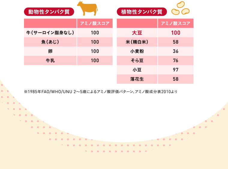 動物性タンパク質　植物性タンパク質／※1985年FAO/WHO/UNU 2～5歳によるアミノ酸評価パターン、アミノ酸成分表2010より