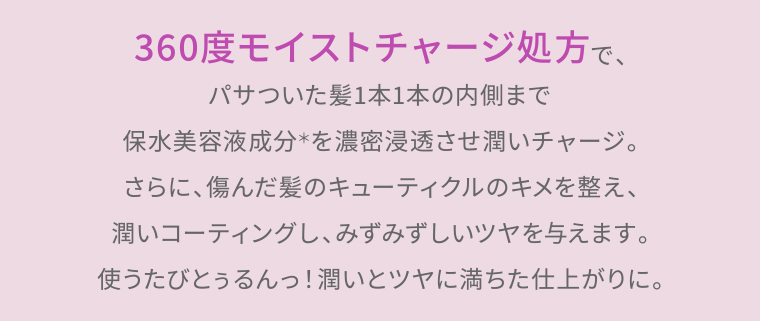 360度モイストチャージ処方で、パサついた髪1本1本の内側まで保水美容液成分＊を濃密浸透させ潤いチャージ。