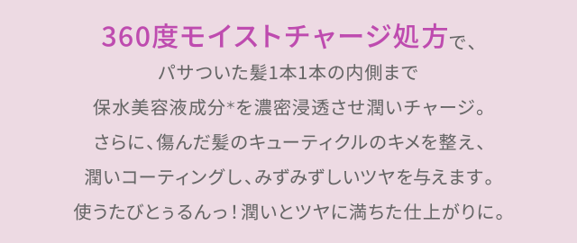 360度モイストチャージ処方で、パサついた髪1本1本の内側まで保水美容液成分＊を濃密浸透させ潤いチャージ。