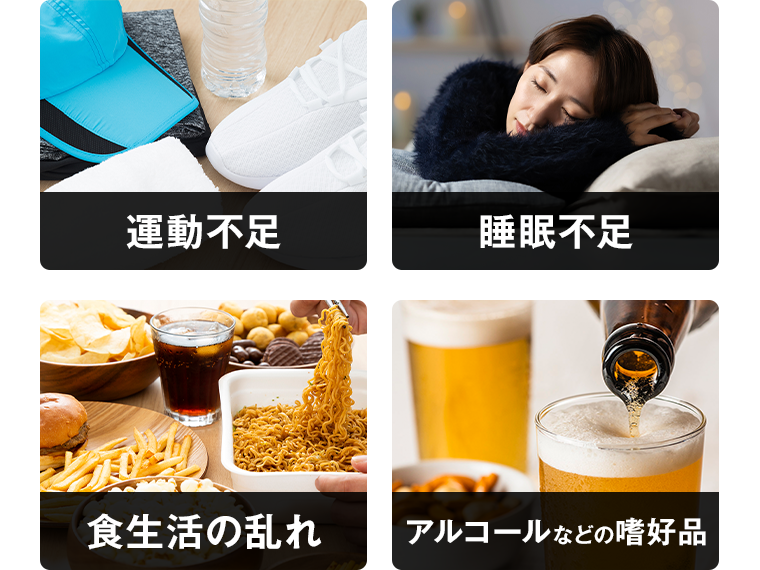 運動不足　睡眠不足　食生活の乱れ　アルコールなどの嗜好品