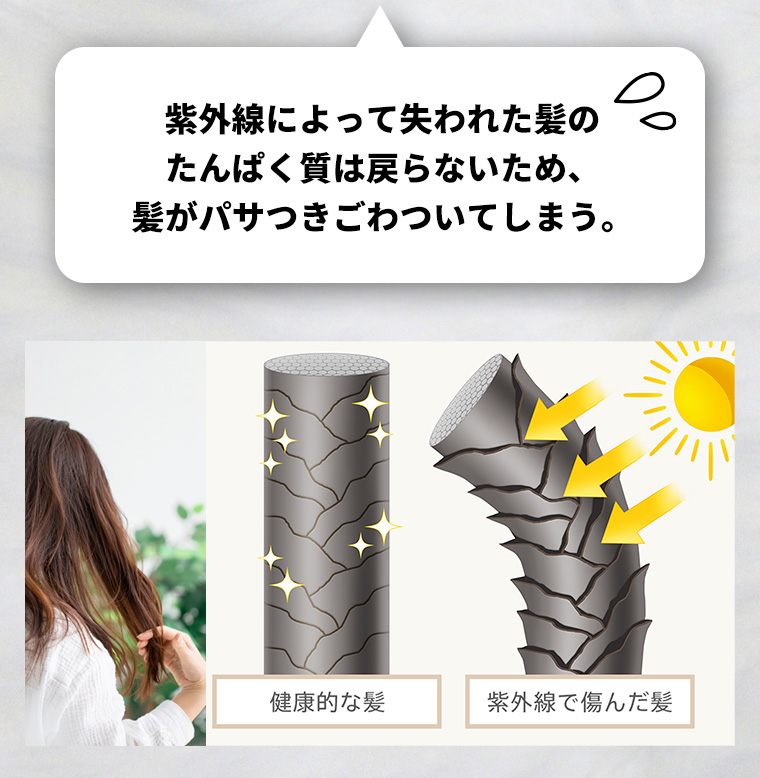 紫外線によって失われた髪のたんぱく質は戻らないため、髪がパサつきごわついてします。