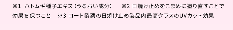 ※1 ハトムギ種子エキス（うるおい成分）　※2 日焼け止めをこまめに塗り直すことで効果を保つこと　※3 ロート製薬の日焼け止め製品内最高クラスのUVカット効果