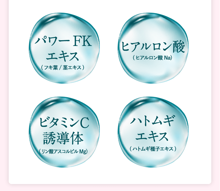 【パワーFKエキス（フキ葉/茎エキス）】【ヒアルロン酸（ヒアルロン酸 Na）】【ビタミンC誘導体（リン酸アスコルビル Mg）】【ハトムギエキス（ハトムギ種子エキス）】
