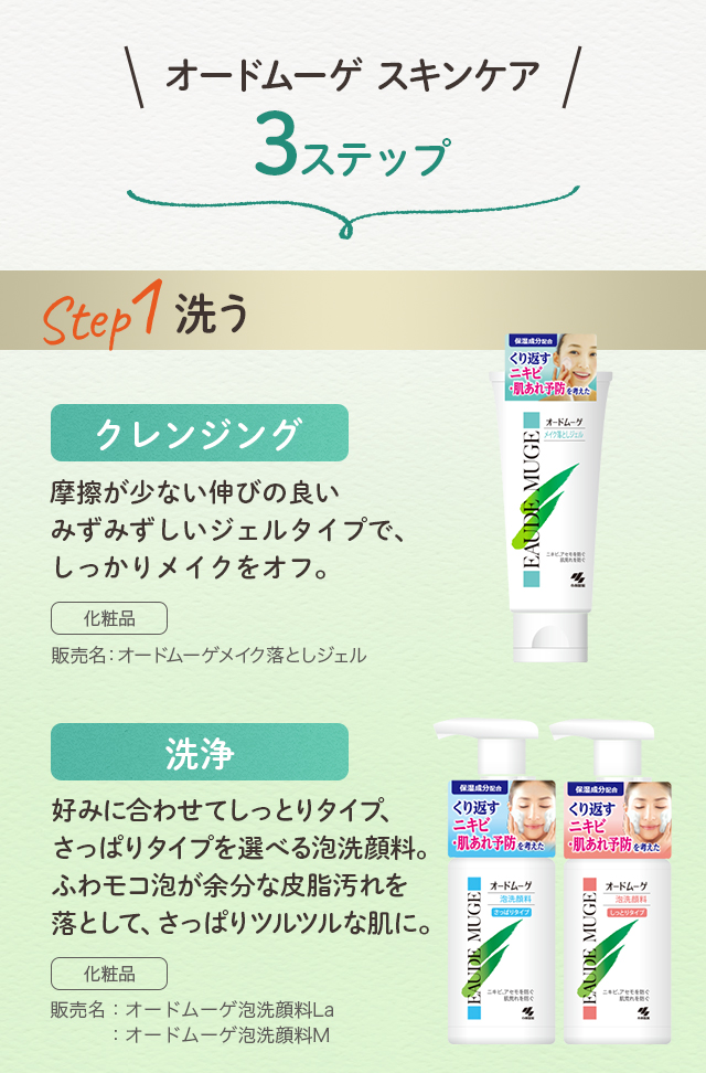 オードムーゲ スキンケア3ステップ。Step1：洗う。