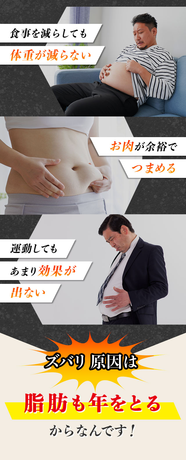 食事をしても体重が減らない　お肉が余裕でつまめる　運動してもあ、あり効果が出ない　ズバリ原因は脂肪も歳をとるからなんです！